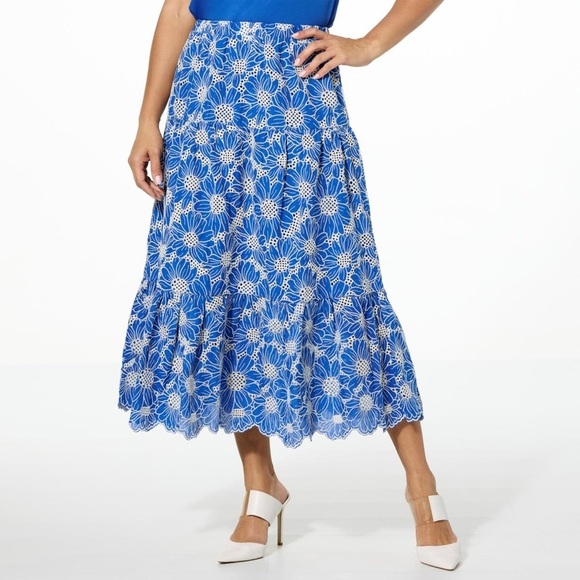 Jaclyn Smith Tiered Eyelet Embroidered Midi Coral & White Size Skirt X-Large - Picture 3 of 13